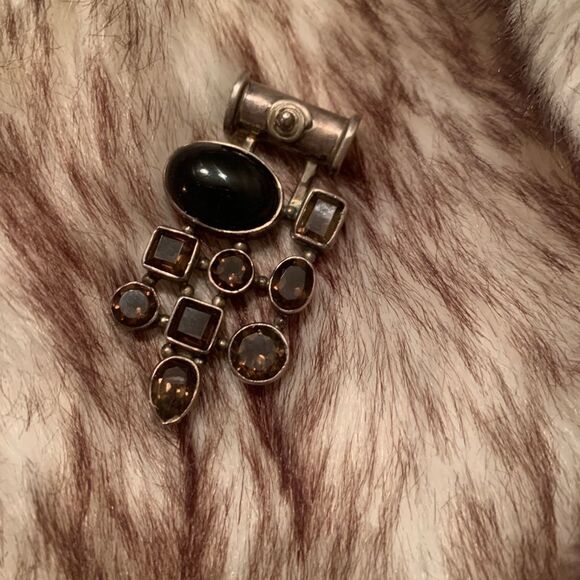 Vintage Gorgeous Real Sterling Silver and Onix Smoky Topaz Gems Handmade Pendant - Picture 1 of 4